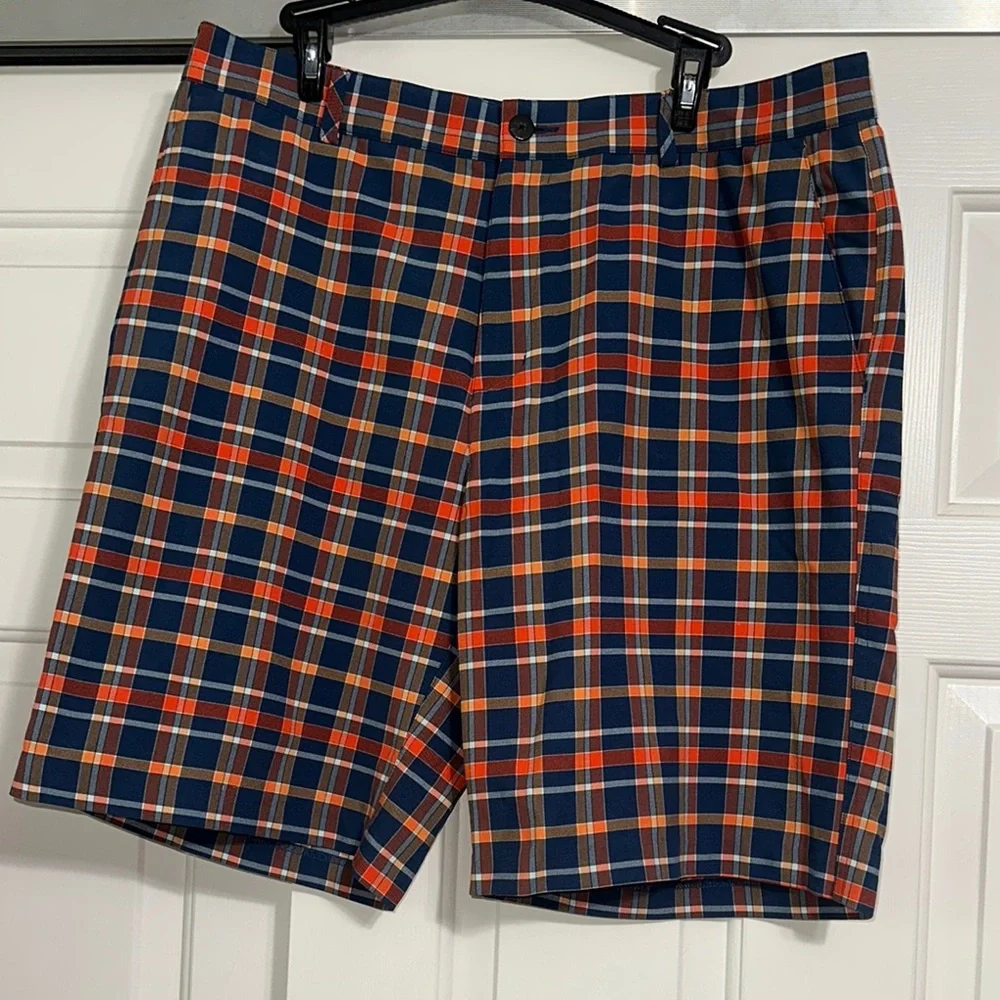 Adidas Orange and Blue Plaid Flat Front Shorts